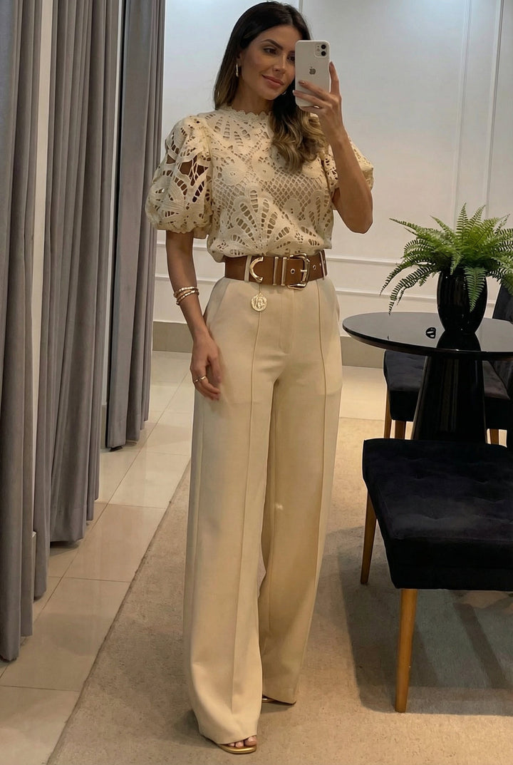 Cream lace blouse with puff sleeves and matching high-waist wide-leg trousers set