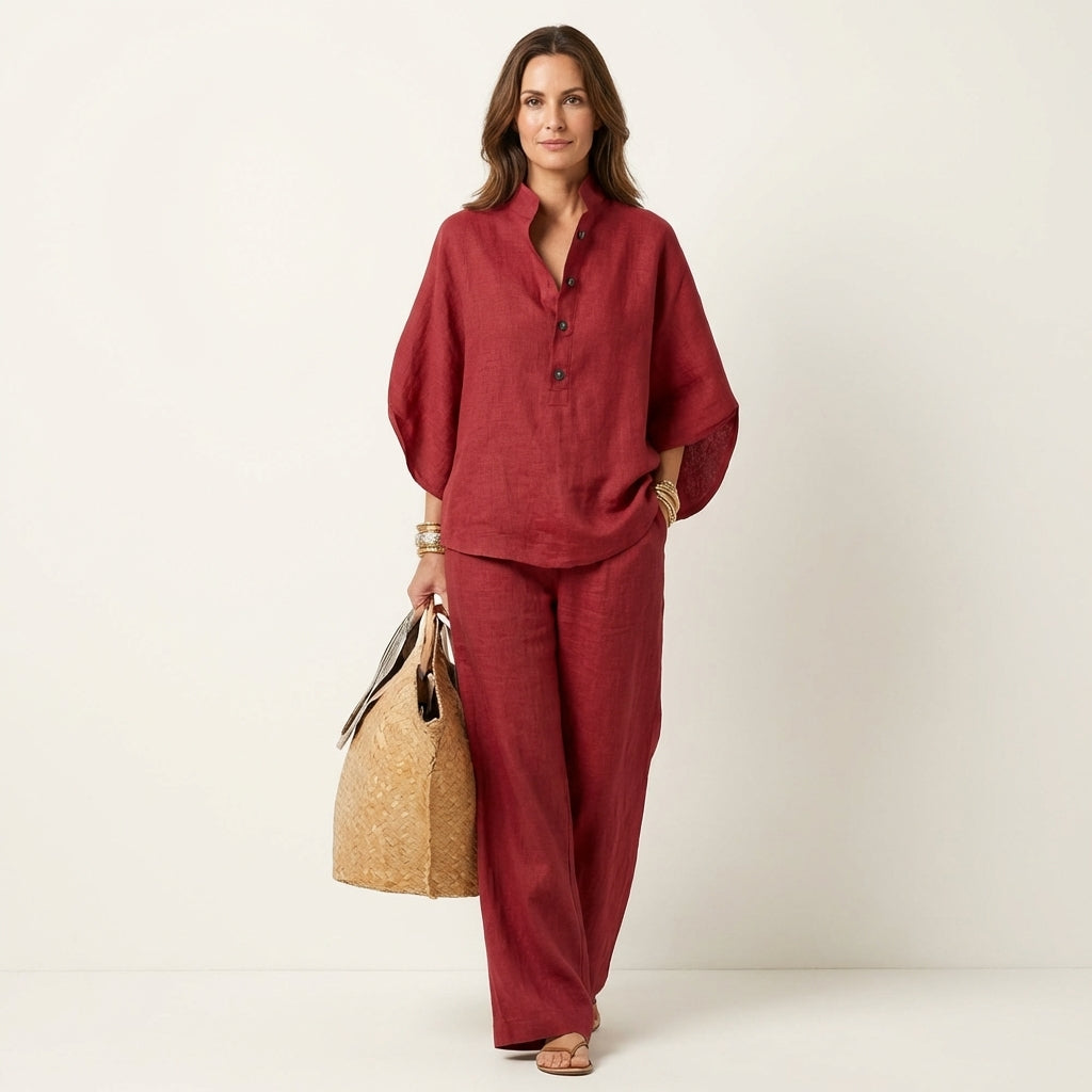 Burgundy linen two-piece set with button-front blouse and wide-leg pants