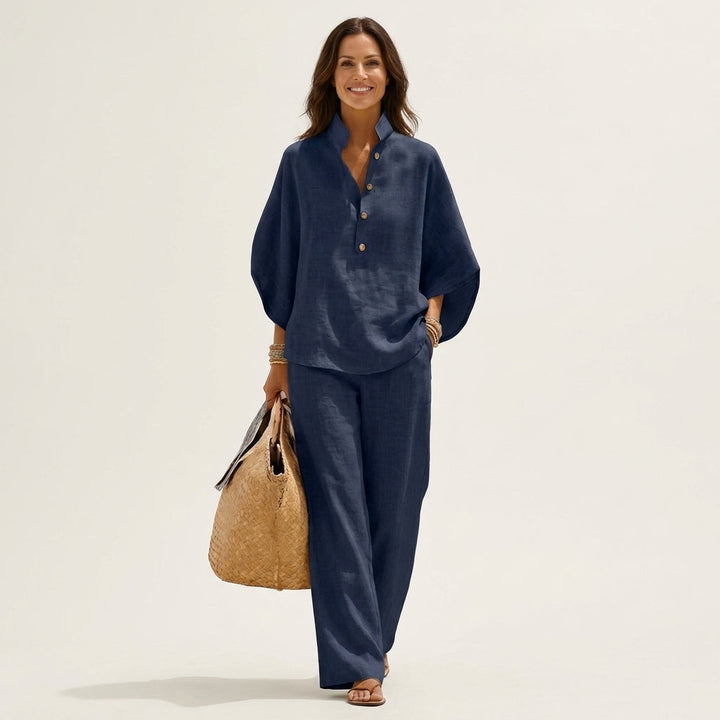 Navy linen two-piece set with button-front blouse and wide-leg trousers