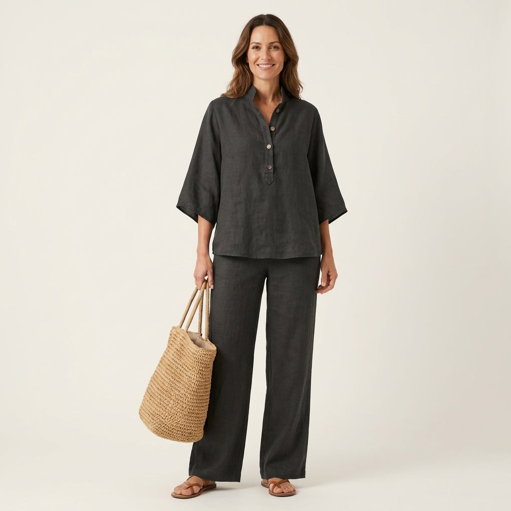 Charcoal linen two-piece set with button-front blouse and wide-leg pants
