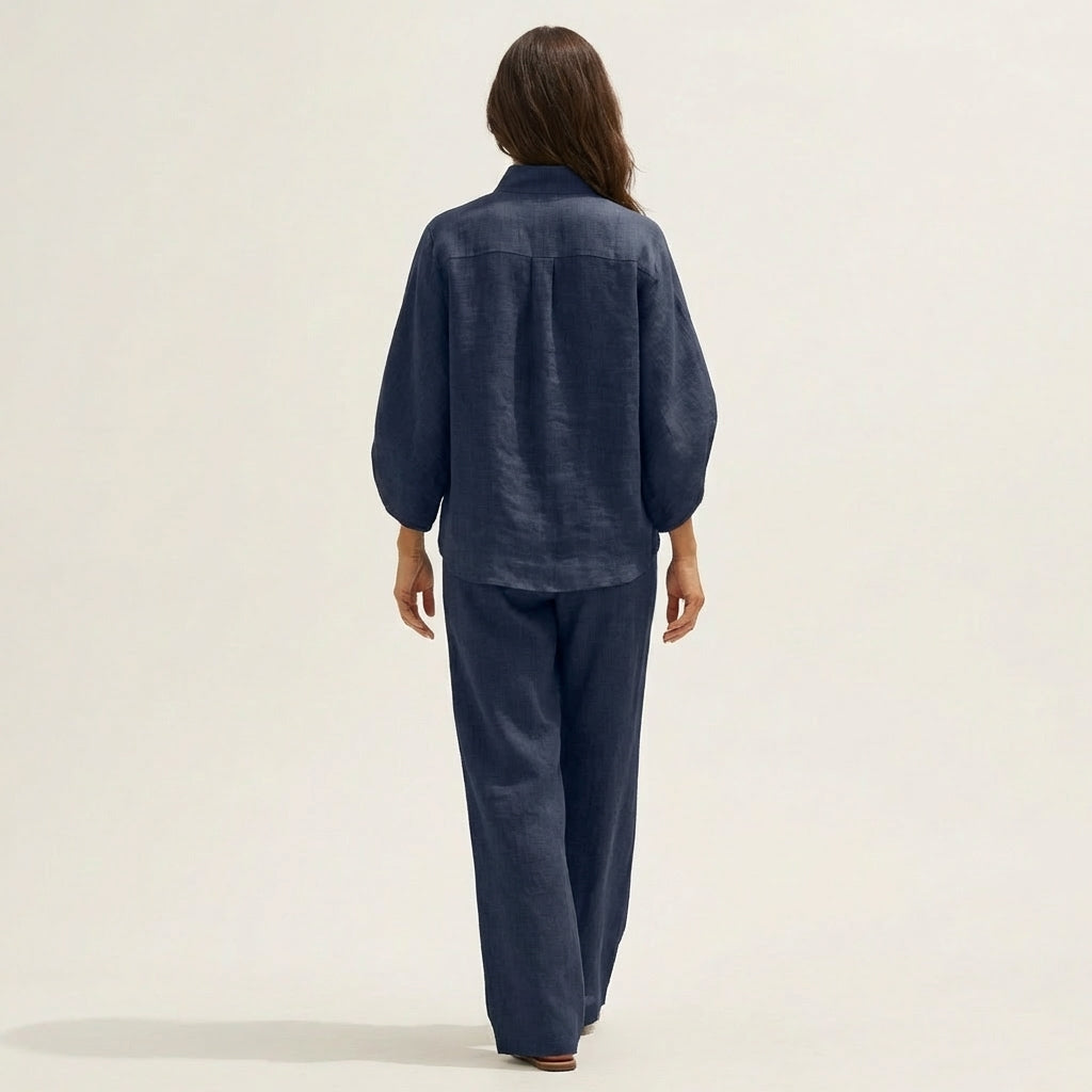 Navy linen two-piece set, button-back blouse and wide-leg trousers