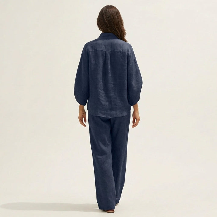 Navy linen two-piece set, button-back blouse and wide-leg trousers