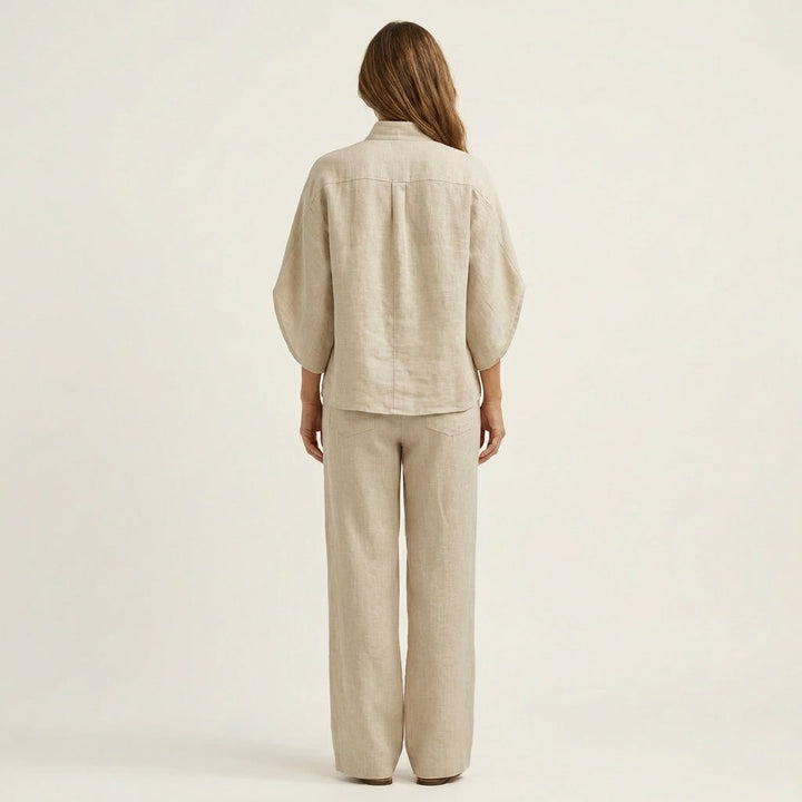 Sand linen two-piece set, button-back blouse and wide-leg trousers