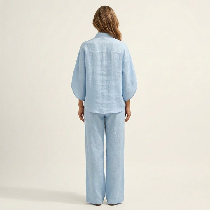Light blue linen two-piece set, button-back blouse and wide-leg trousers