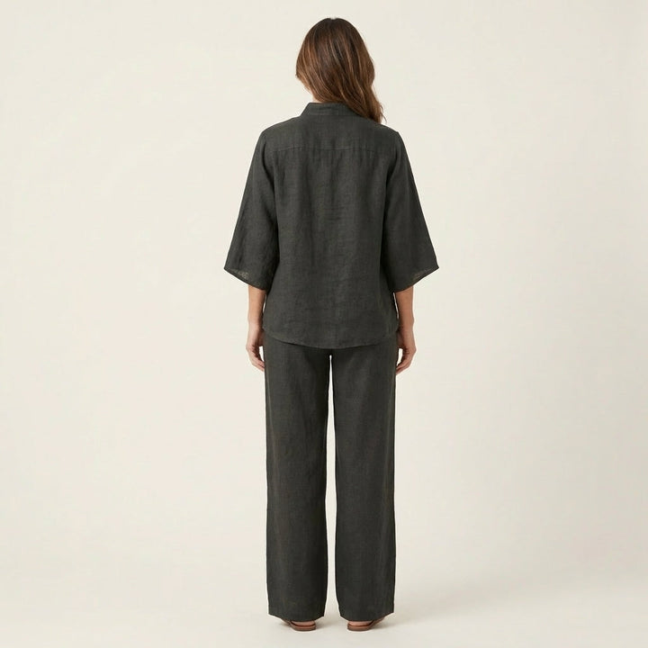 Charcoal linen two-piece set, back view of button-front blouse and wide-leg pants