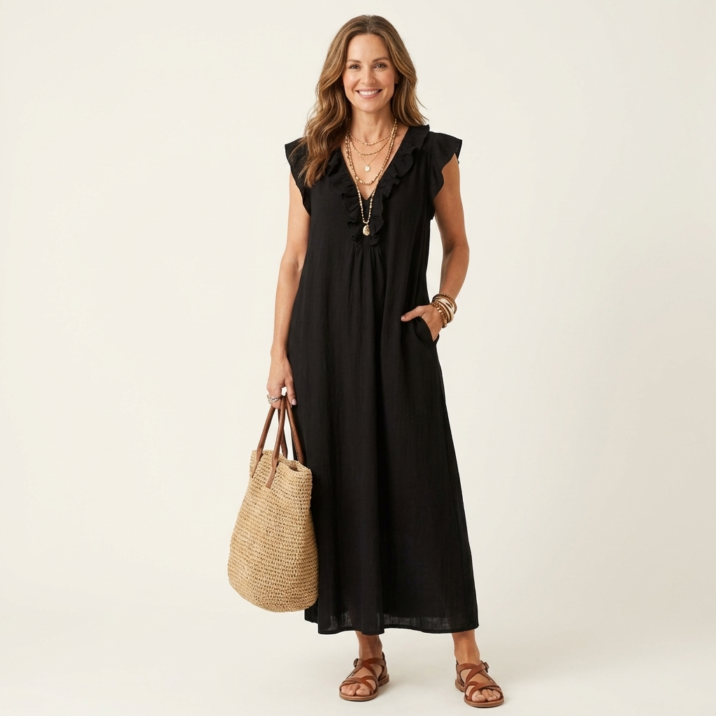 Black linen maxi dress with ruffle trim V-neck and cap sleeves
