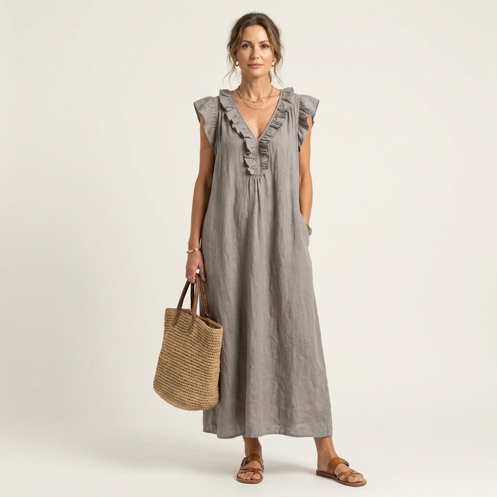 Gray linen maxi dress with ruffle trim V-neck and cap sleeves