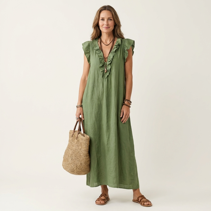 Green linen maxi dress with ruffle trim V-neck and cap sleeves