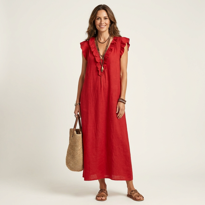 Red linen maxi dress with ruffle-trim V-neck and cap sleeves