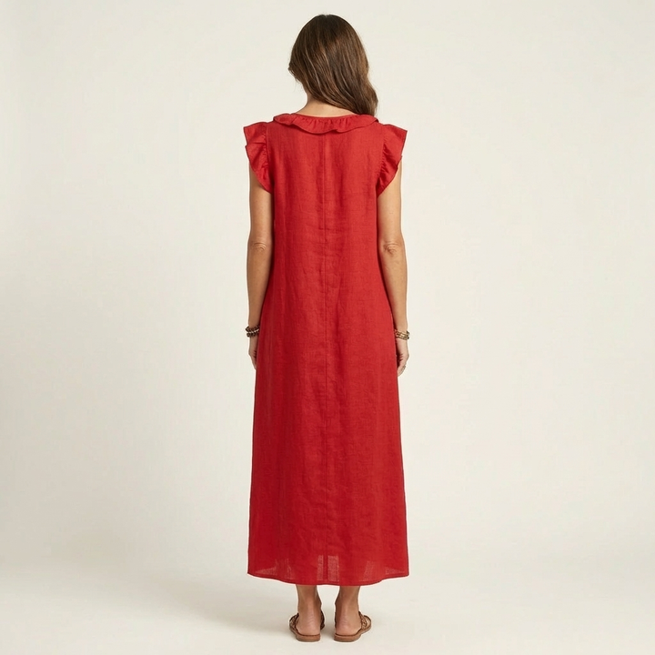 Red linen maxi dress, back view, ruffle-trimmed yoke and cap sleeves