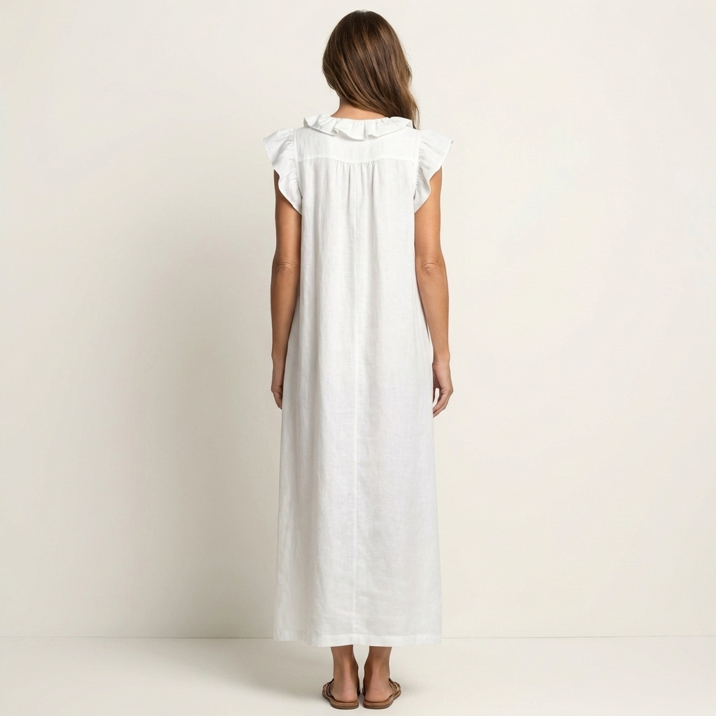 White linen maxi dress with ruffled shoulders, sleeveless, back view