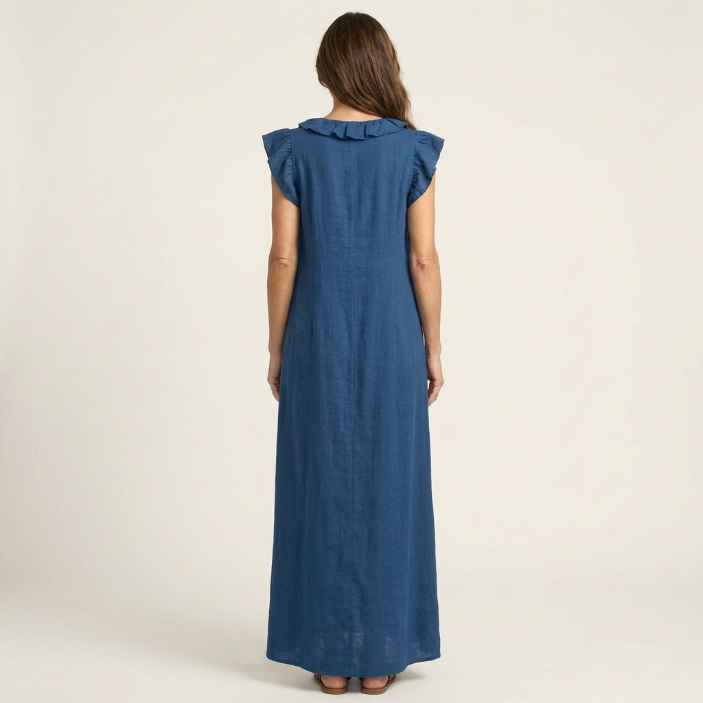 Blue linen maxi dress, back view, ruffle-trimmed yoke and cap sleeves