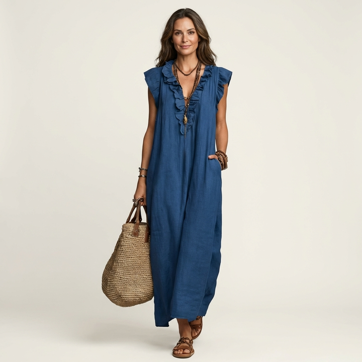 Blue linen maxi dress with ruffle-trimmed V-neck and cap sleeves