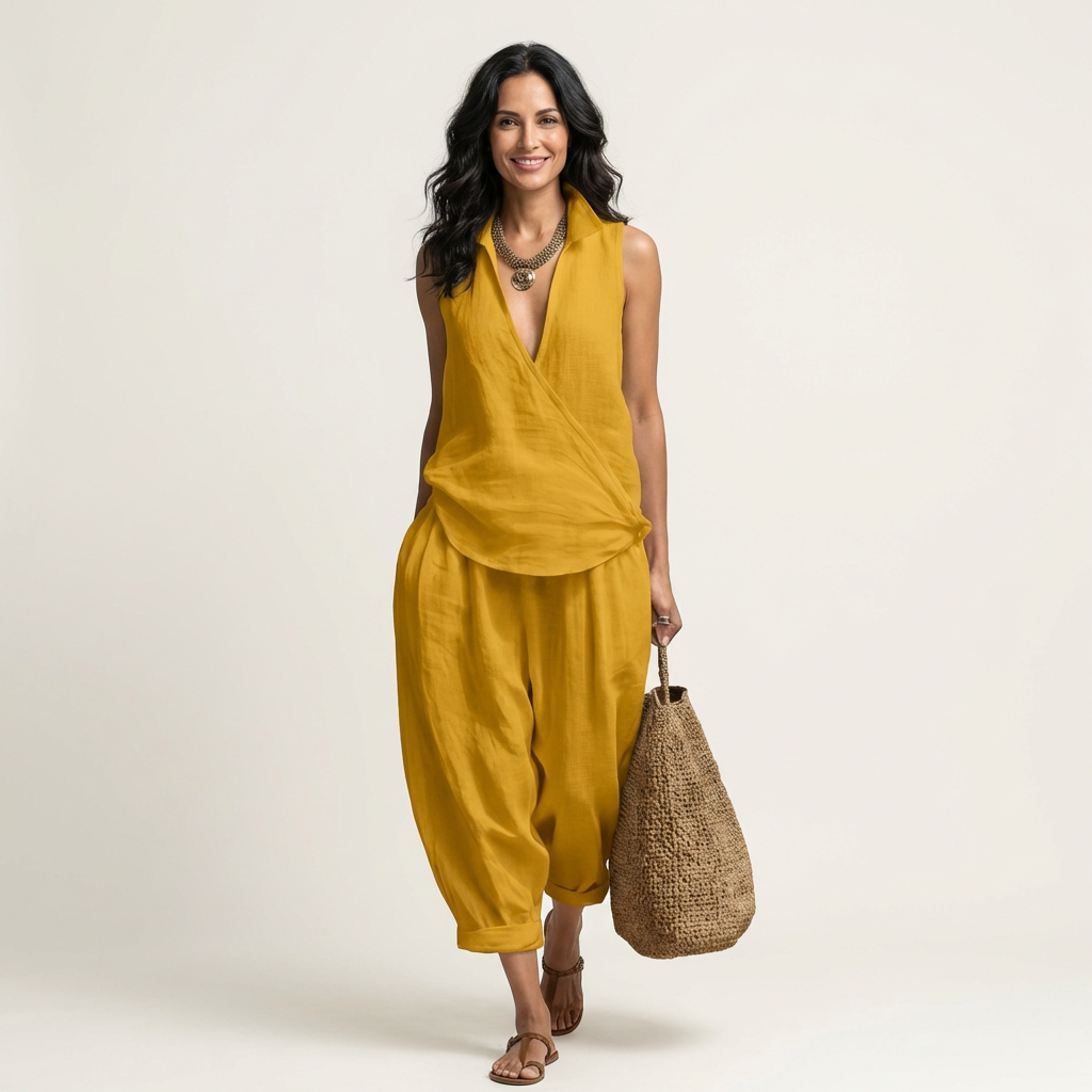 Yellow sleeveless wrap-top and wide-leg pants set with draped wrap detail