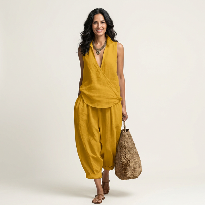 Yellow sleeveless wrap-top and wide-leg pants set with draped wrap detail