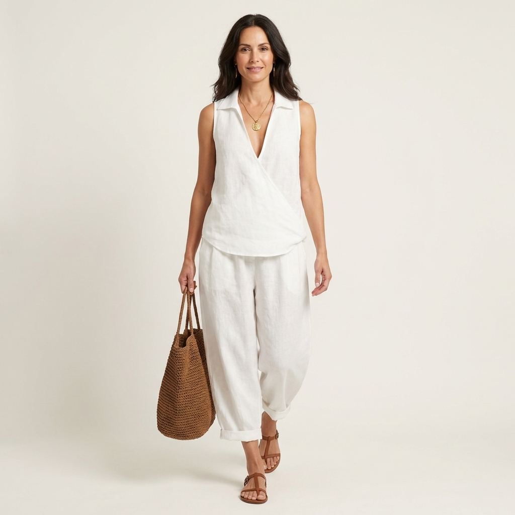 White sleeveless wrap-top and wide-leg pants set, V-neck and layered hem