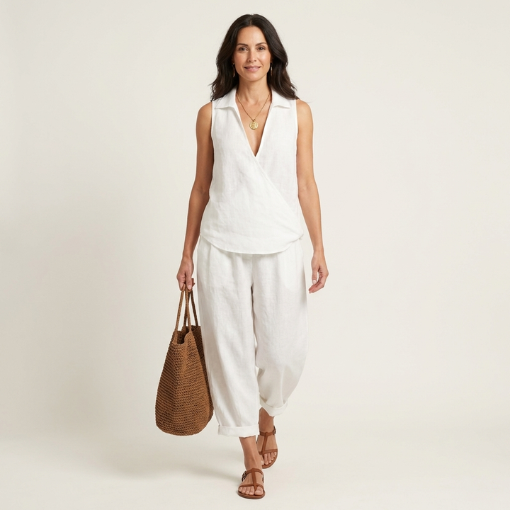 White sleeveless wrap-top and wide-leg pants set, V-neck and layered hem