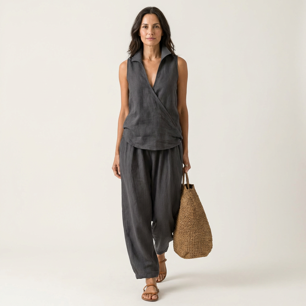 Charcoal gray sleeveless wrap-top and wide-leg pants set with wrap front