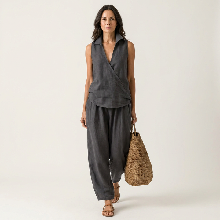 Charcoal gray sleeveless wrap-top and wide-leg pants set with wrap front