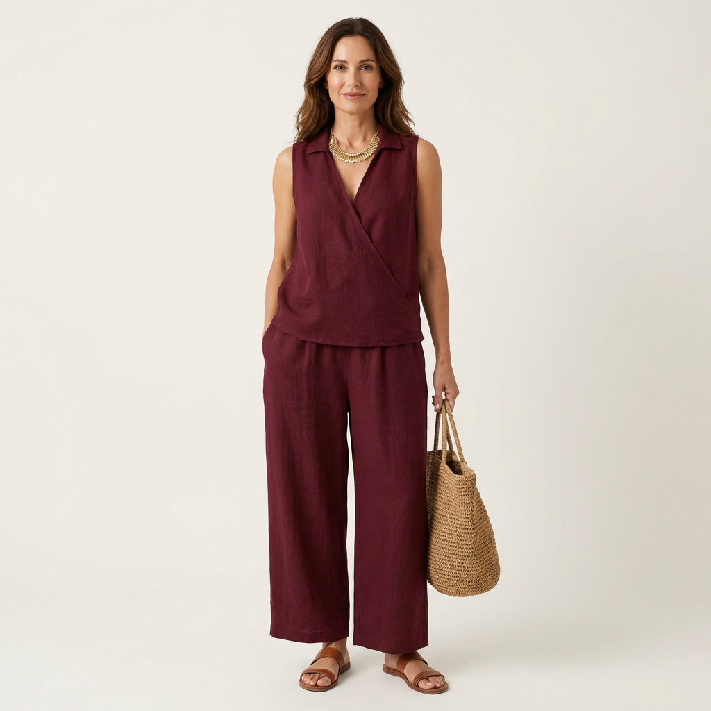 Burgundy sleeveless wrap-top and wide-leg pants set with draped wrap front