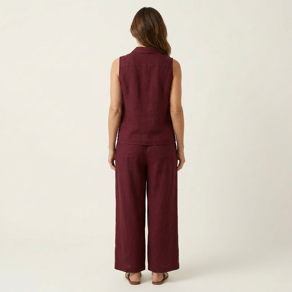 Burgundy sleeveless wrap-top and wide-leg pants set, back view