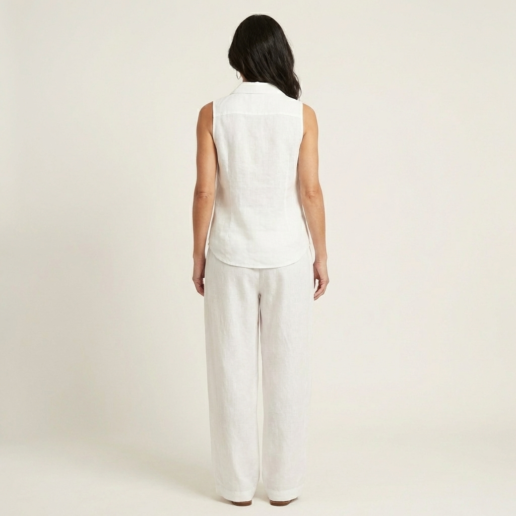 White wrap-top and wide-leg pants set, sleeveless and full-length wide legs