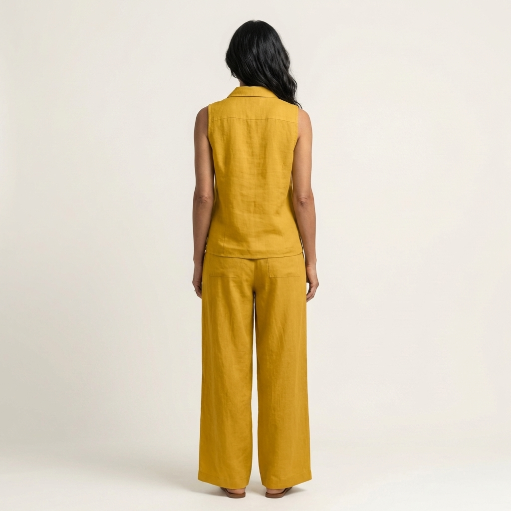 Yellow sleeveless wrap-top and wide-leg pants set, back view