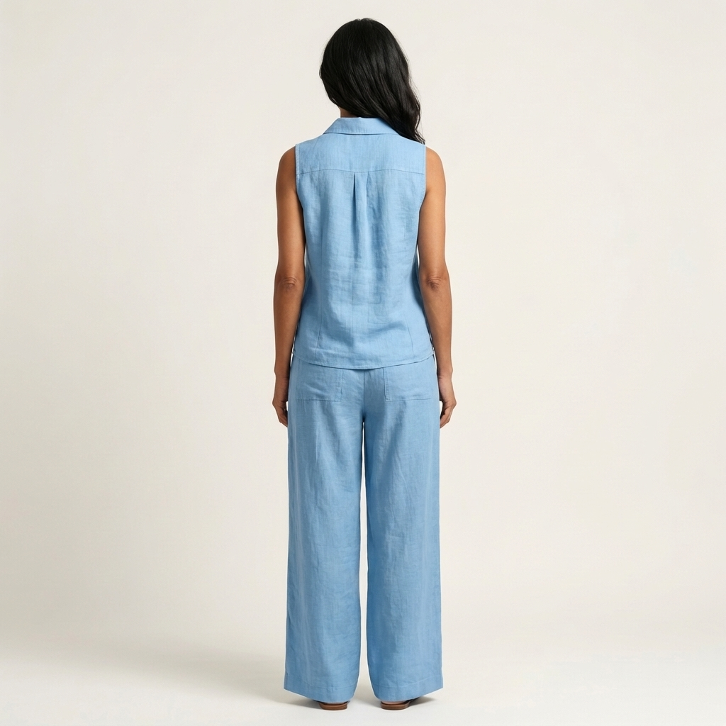 Light blue sleeveless wrap-top and wide-leg pants set, back view
