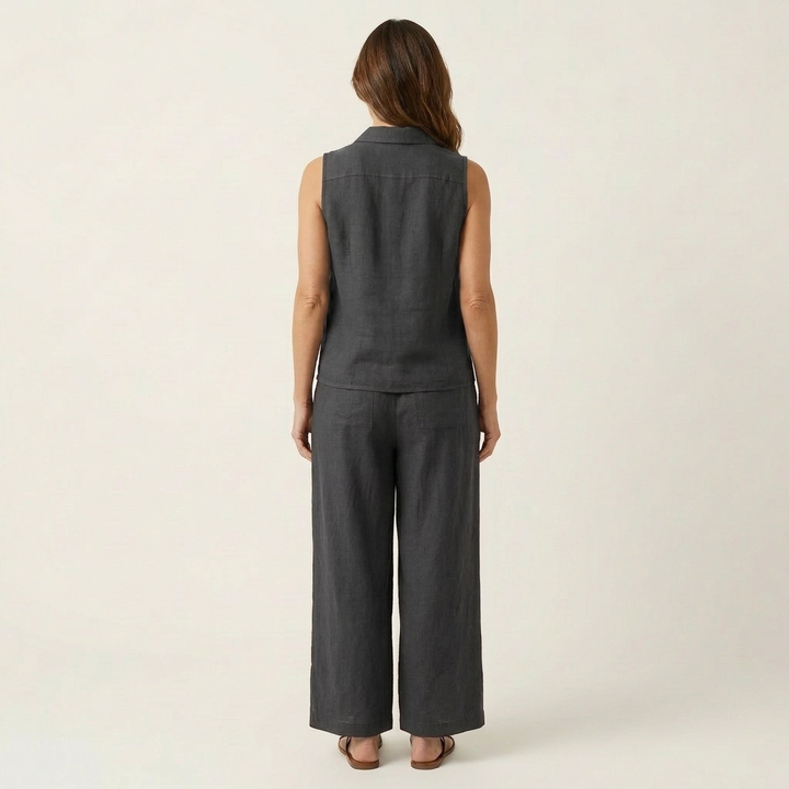Charcoal gray sleeveless wrap-top and wide-leg pants set, back view