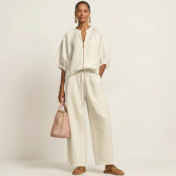 White linen-blend zipper-front puff sleeve top and wide-leg pants set, gathered waist