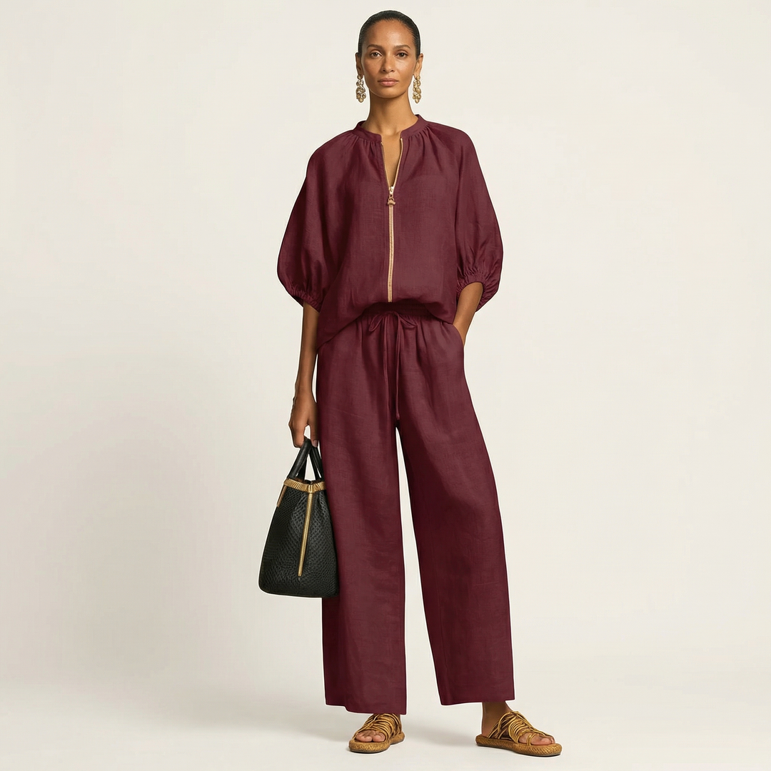 Burgundy zip-front puff sleeve top and wide-leg pants set, elastic waist