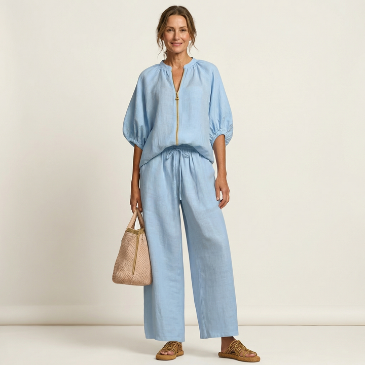 Light blue linen-blend zipper-front puff sleeve top and wide-leg pants set, gathered waist