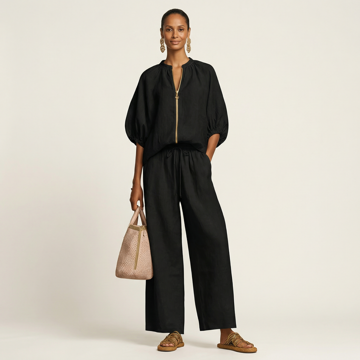 Black linen-blend zipper-front puff sleeve top and wide-leg pants set, gathered waist