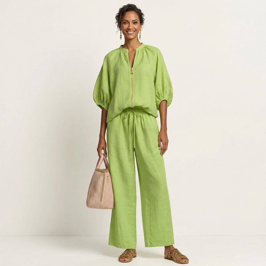 Green linen-blend zipper-front puff sleeve top and wide-leg pants set, gathered waist