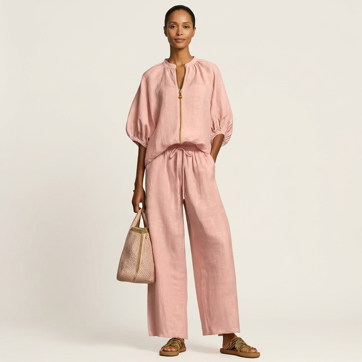 Pink linen-blend zipper-front puff sleeve top and wide-leg pants set, gathered waist