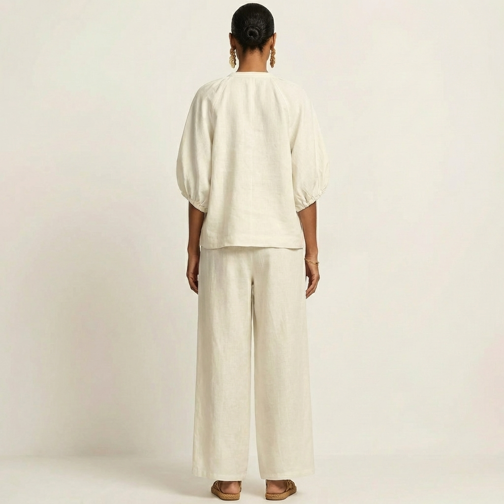 White zipper-front puff sleeve top and wide-leg pants set, back view
