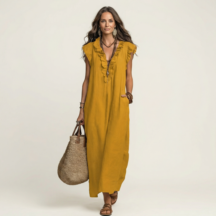 Mustard linen maxi dress with ruffle V-neck and sleeveless styling