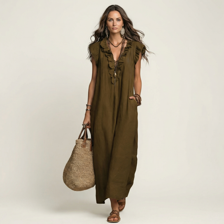 Olive linen maxi dress with ruffle V-neck and sleeveless styling