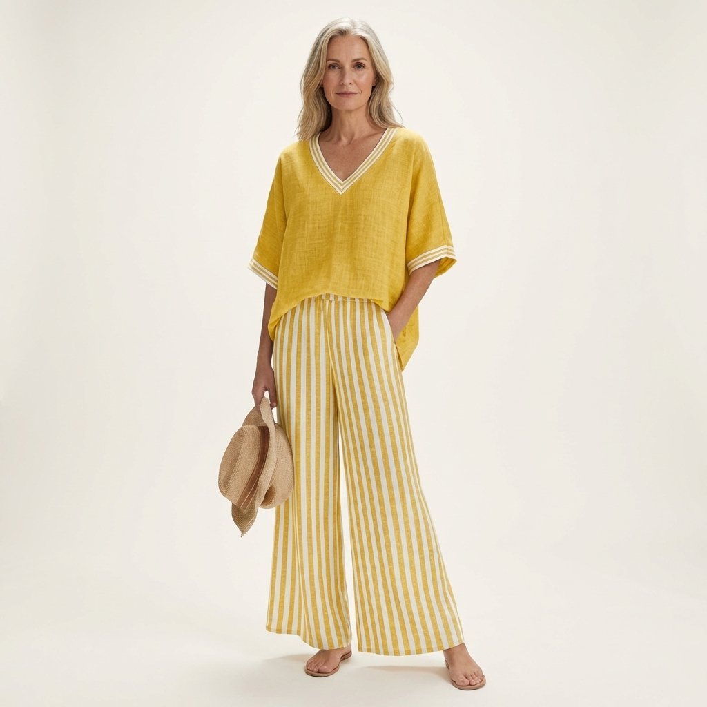Yellow V-neck varsity top with striped wide-leg pants in yellow and white