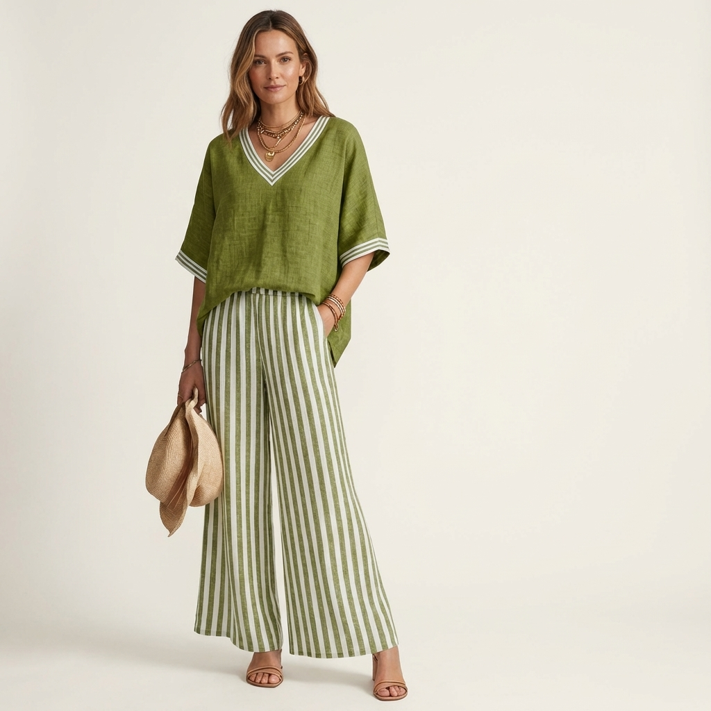 Green V-neck varsity top with striped wide-leg pants in green and white