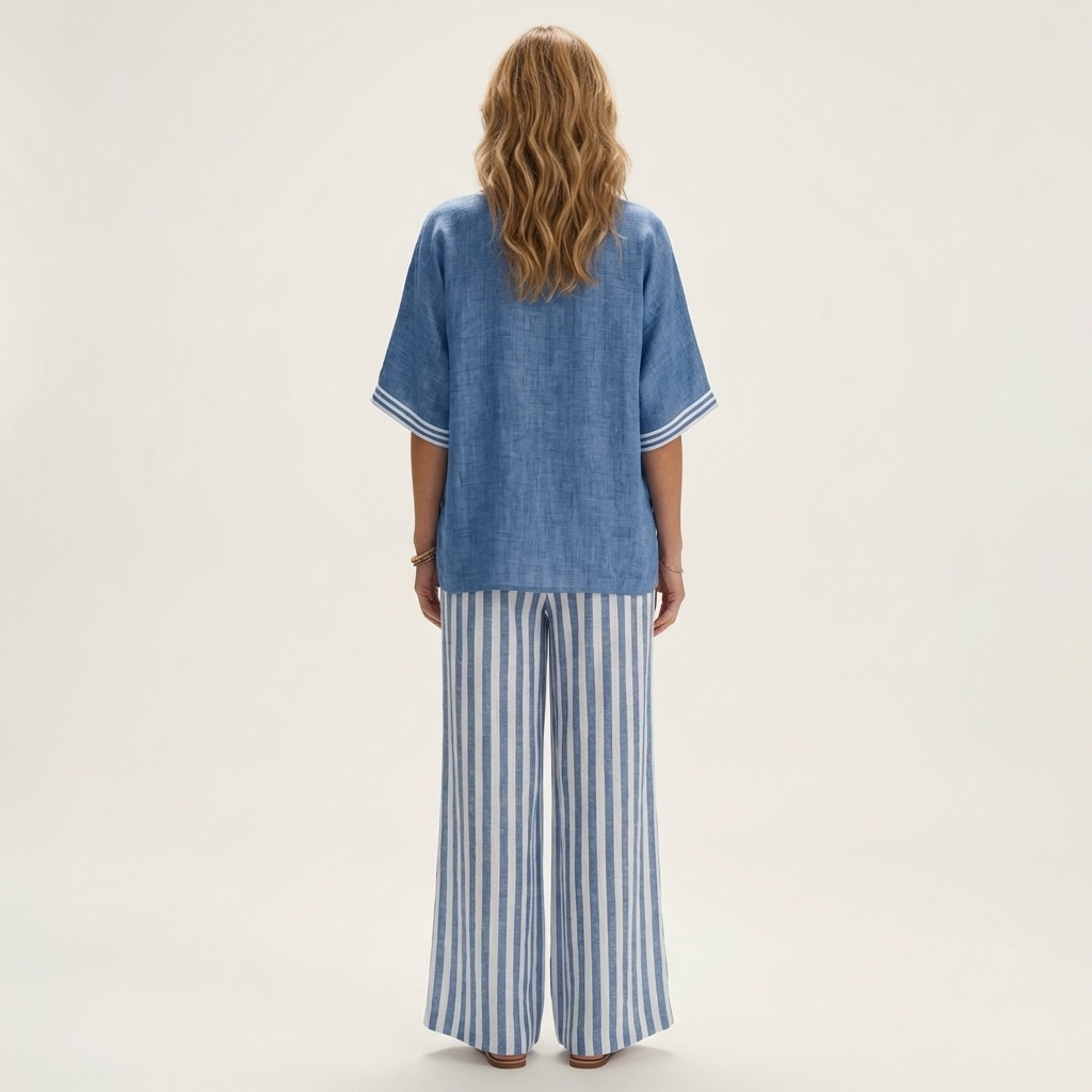 Back view: blue V-neck varsity top with striped wide-leg pants in blue and white