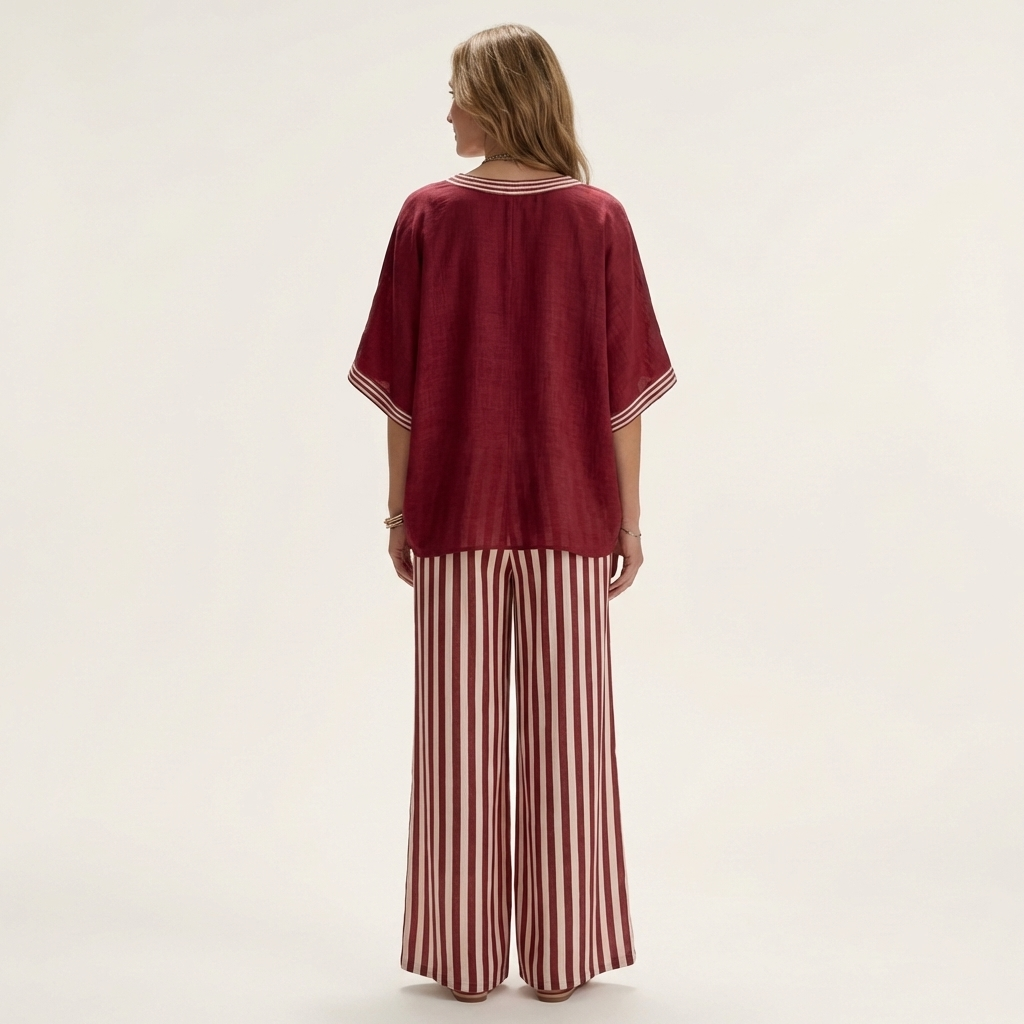 Back view: burgundy V-neck varsity top with striped wide-leg pants in burgundy and white
