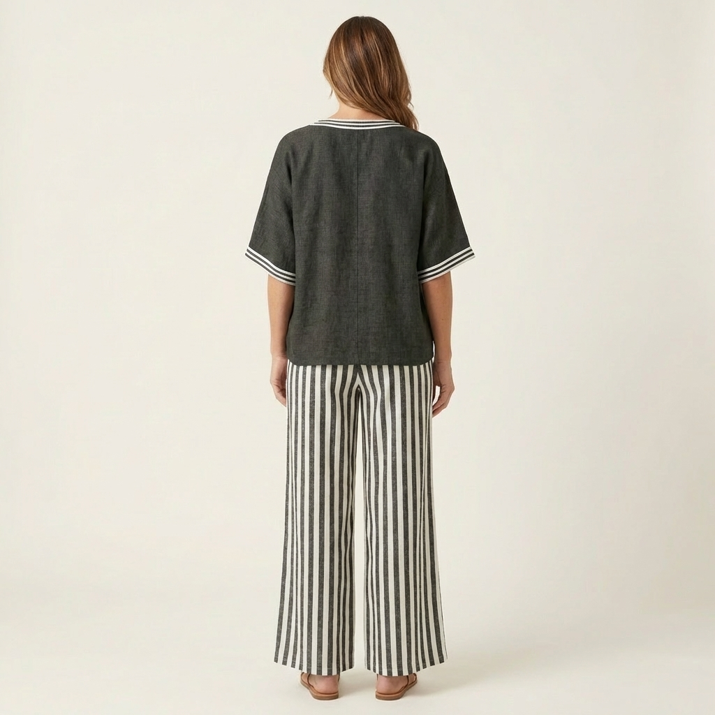 Back view: dark gray V-neck varsity top with striped wide-leg pants in dark gray and white