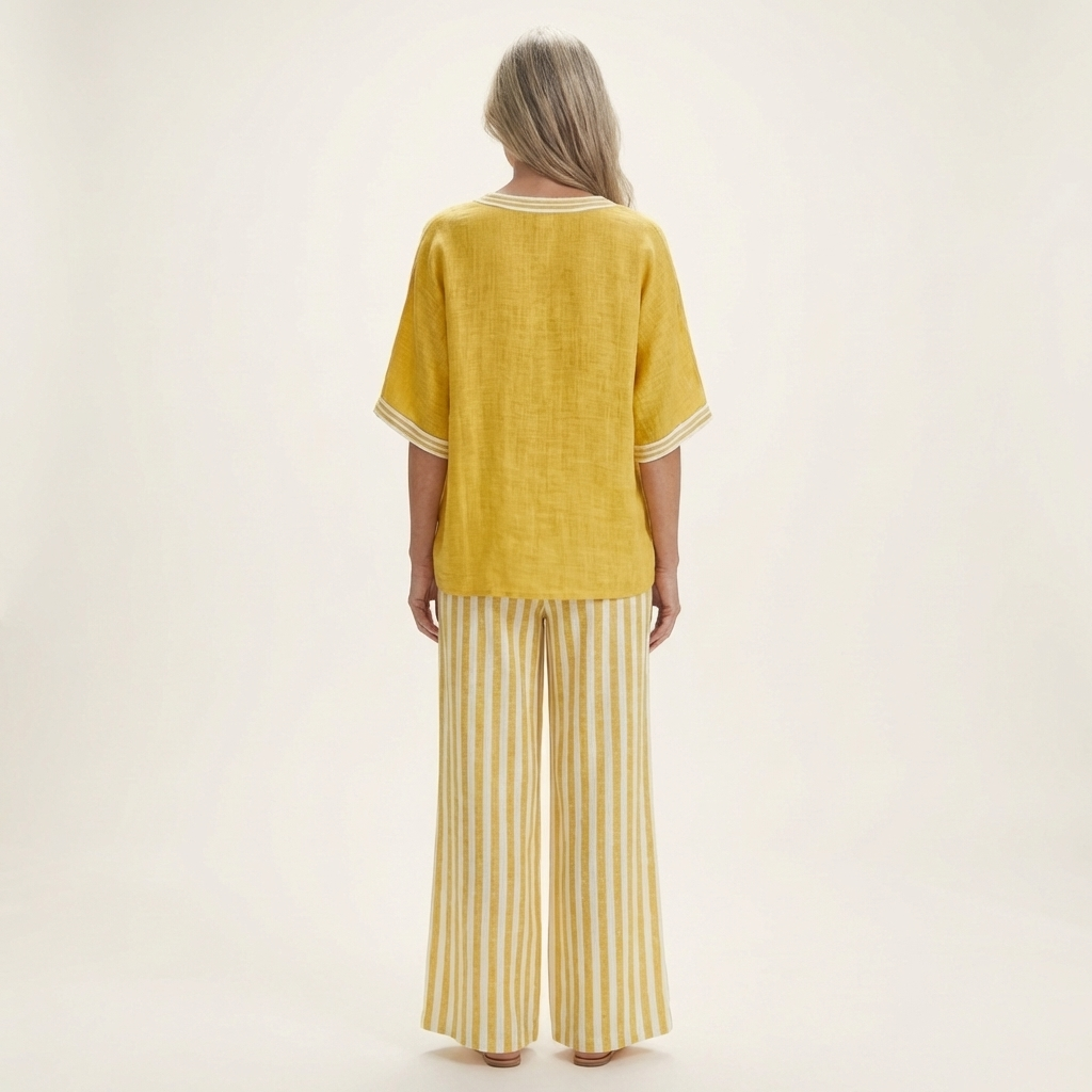 Back view: yellow V-neck varsity top with striped wide-leg pants in yellow and white
