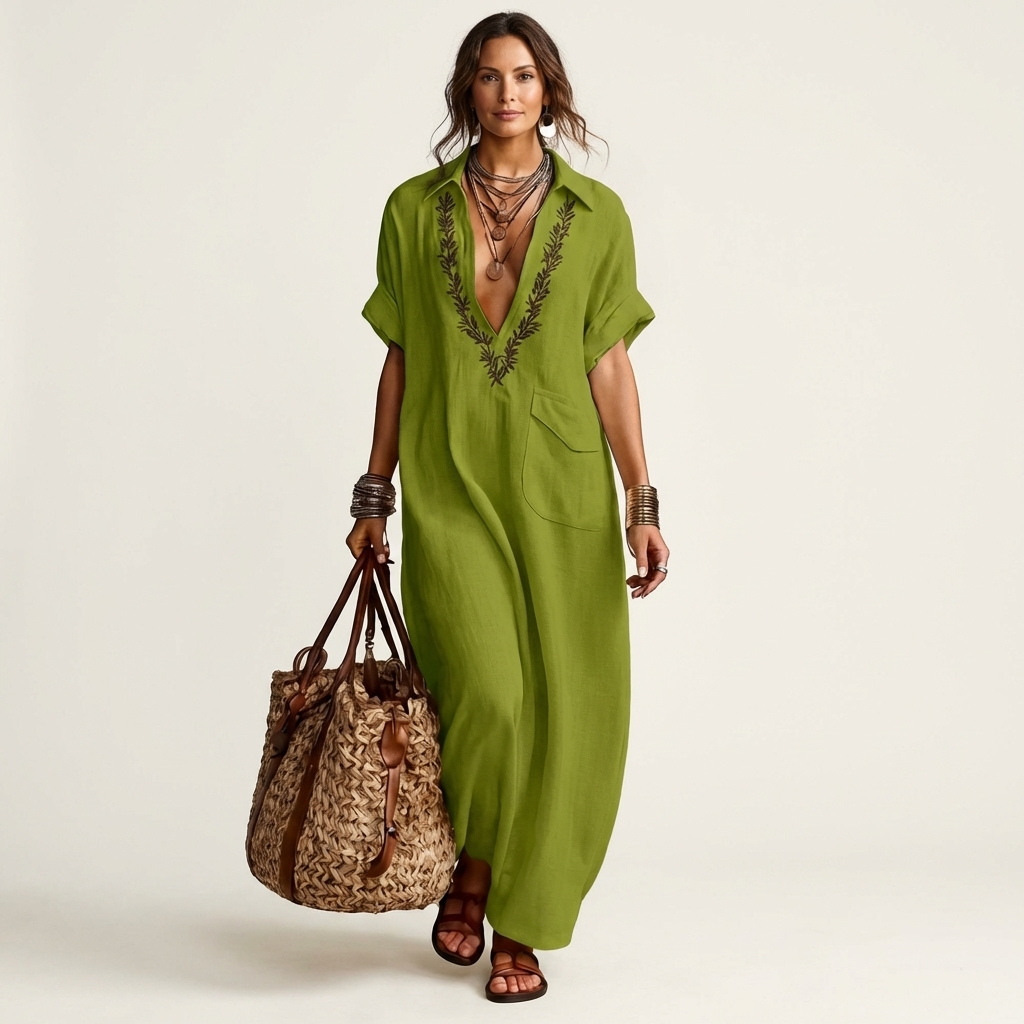 Green linen maxi dress with embroidered V-neck collar and short sleeves