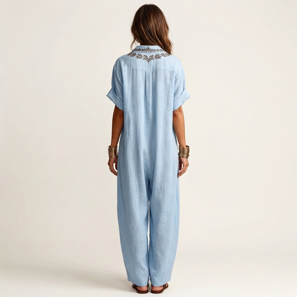 Light blue linen maxi dress with embroidered back yoke and short sleeves