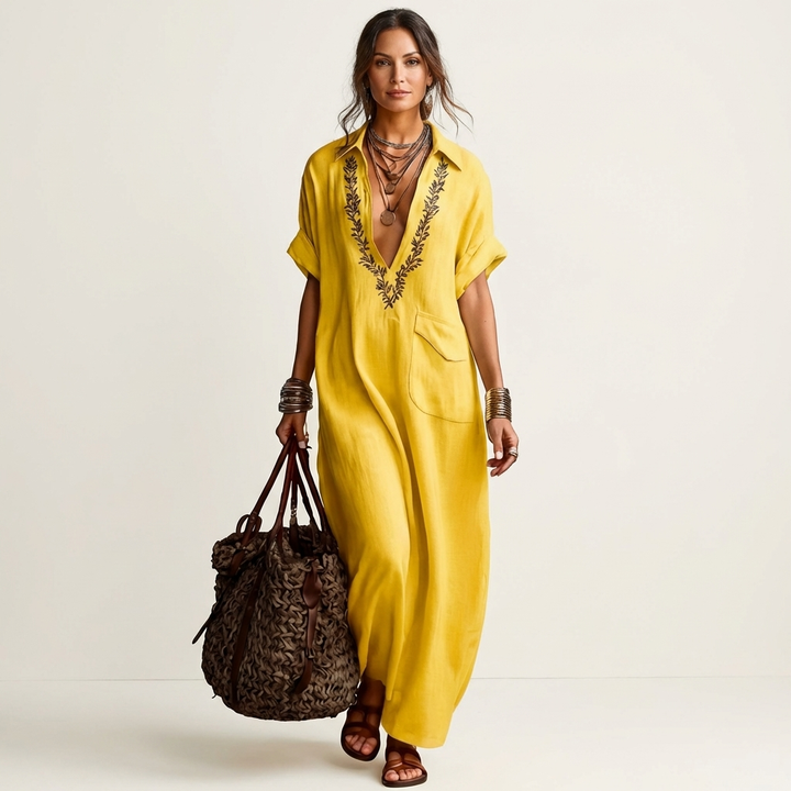 Yellow linen maxi dress with embroidered V-neck collar and short sleeves