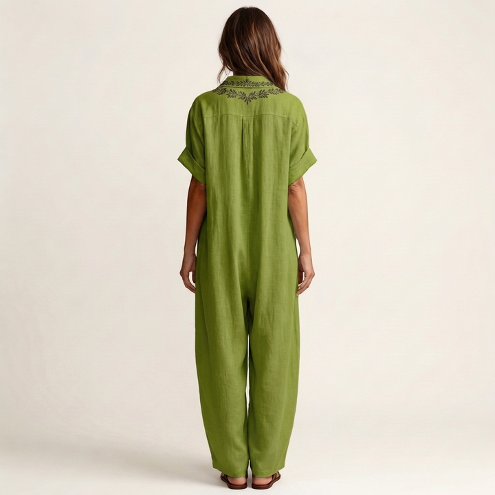 Green linen maxi dress with embroidered back yoke and short sleeves