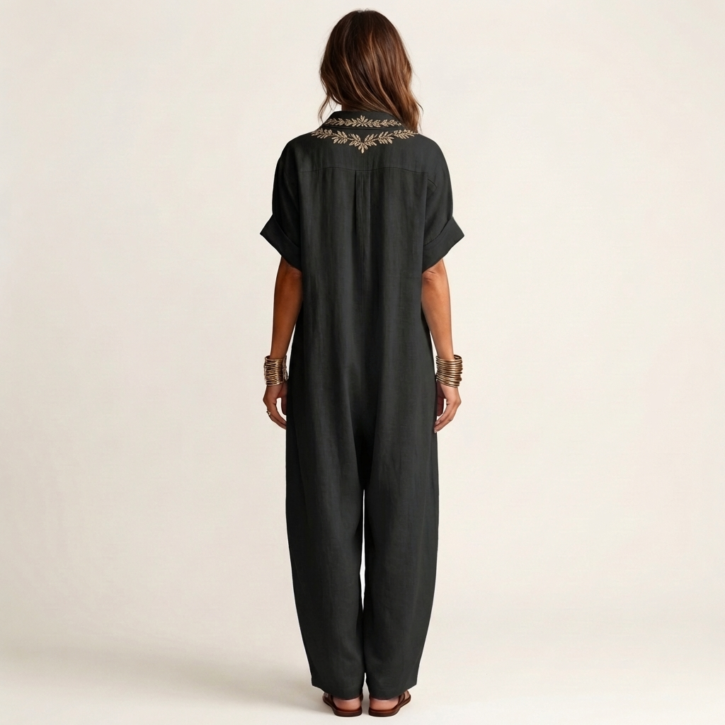 Black linen maxi dress with embroidered back yoke and short sleeves