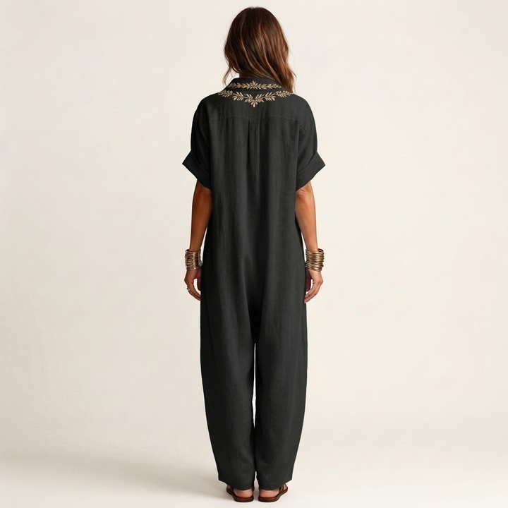 Black linen maxi dress with embroidered back yoke and short sleeves